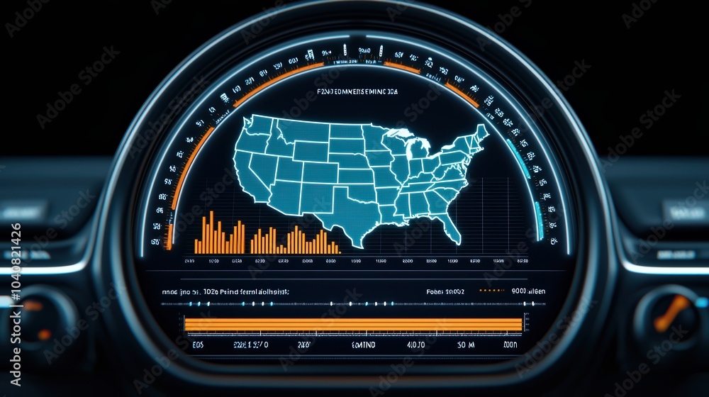 Poster close-up of a futuristic car dashboard displaying data and a usa map on a dark background.