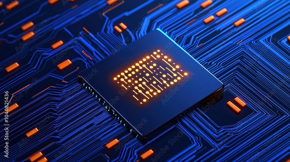 Poster close-up of a microchip on a blue circuit board, showcasing intricate details and modern technology.