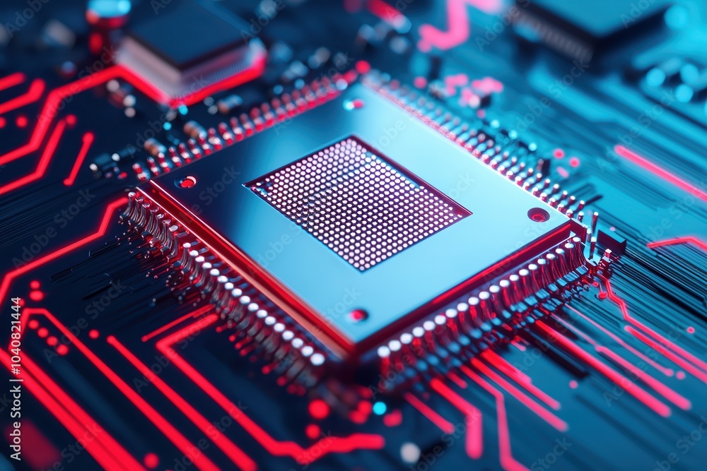 Poster close-up of a microchip on a circuit board with vibrant blue and red lights, showcasing advanced tec