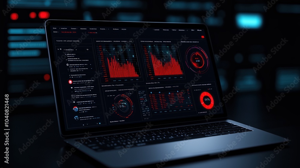 Poster close-up of a sleek laptop displaying vibrant data analysis dashboards in a dark environment.