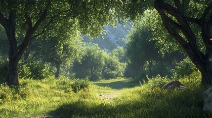 Obraz premium Sunlit Path Through a Verdant Forest
