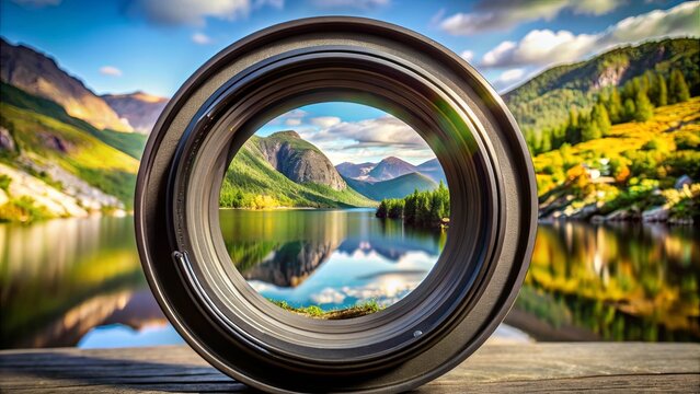 A close-up view of a camera lens focused on a scenic mountain lake with a reflection of the surrounding hills and clouds, creating a captivating image of nature through the lens.