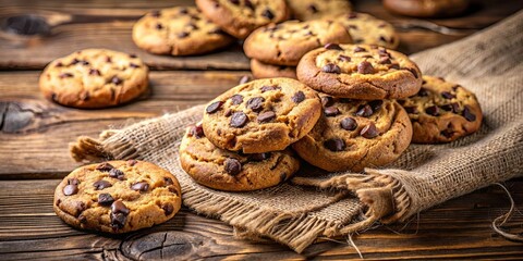 Sweet Delights A Rustic Collection of Chocolate Chip Cookies on a Burlap Cloth and Wooden Surface