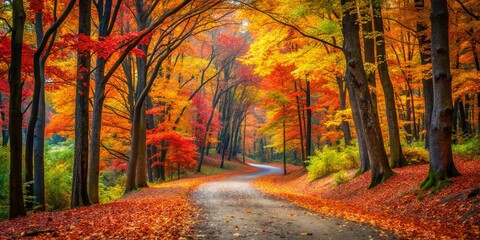 Fototapeta premium A winding path through a vibrant autumn forest, a symphony of crimson, gold, and amber hues dancing on the breeze.