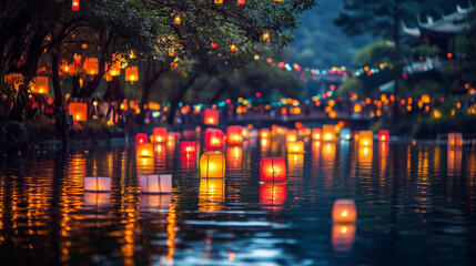 Obraz premium Taiwan Lantern Festival, the river is filled with floating lanterns, colorful lights reflect on the calm water surface, Ai generated images