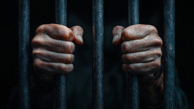 Close-up of two hands tightly gripping black metal prison bars in a dark setting, representing captivity, imprisonment, and restriction.