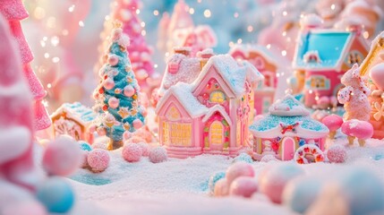 A whimsical candy-themed Christmas village adorned in bright pink and blue hues amidst a fantasy winter wonderland