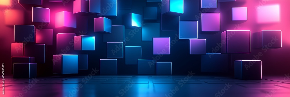 Poster abstract futuristic background with cubes in space, glowing and sparkling elements