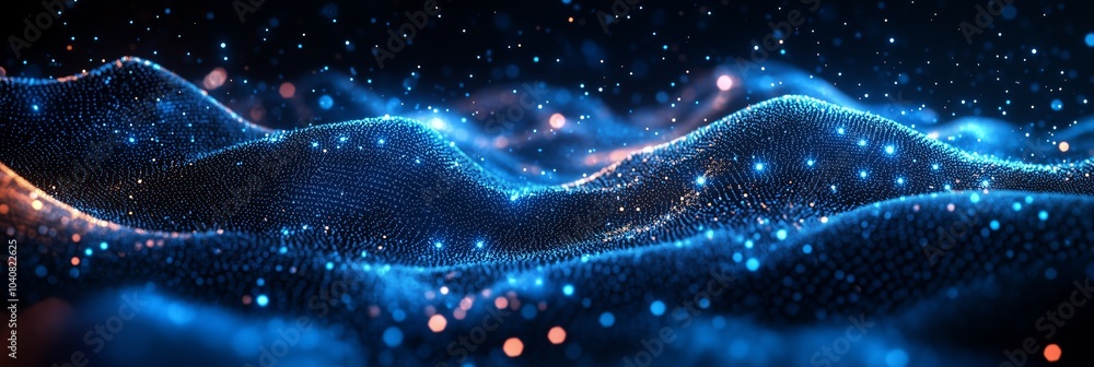 Poster abstract background with dark blue waves and glowing hexagons forming an interconnected network of l