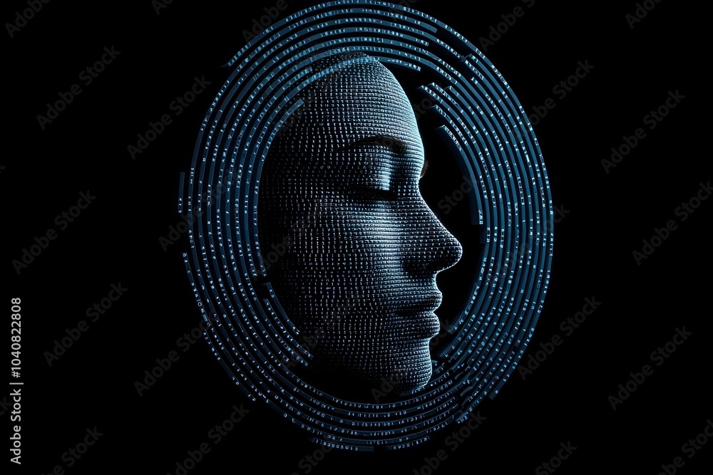 Poster digital facial representation with data patterns on a dark background.