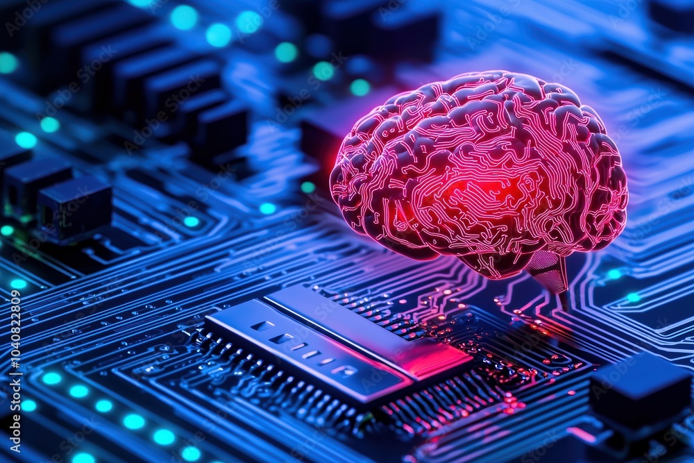 Poster digital brain connected to circuits on a motherboard, futuristic concept of ai and technology.