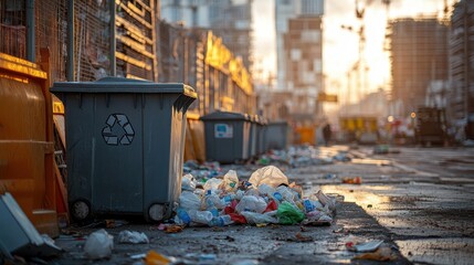 Modern Street with Trash Cans at Sunset