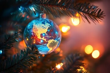 A beautifully glowing Christmas globe ornament featuring Earth hangs on a tree decorated with warm lights during the holiday season