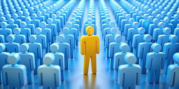 A single yellow figure stands out amongst a multitude of blue figures, signifying the power of individuality and standing apart from the crowd.