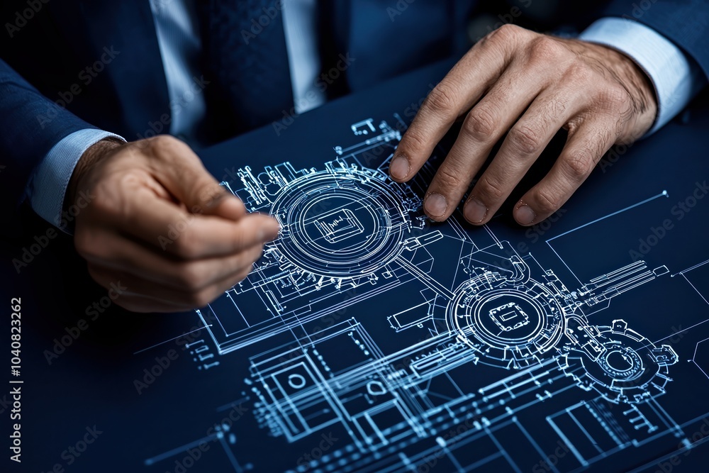 Poster engineer analyzing blueprint diagrams with hands on table, showcasing technical design process.