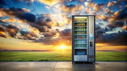A Vending Machine Stands Alone in a Vast Field as the Sun Sets, Casting Long Shadows Across the Landscape