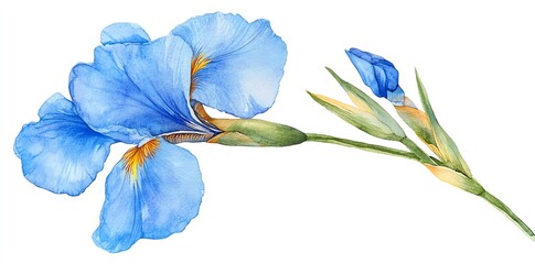 Watercolor painting of a blue iris flower with buds and green stem.