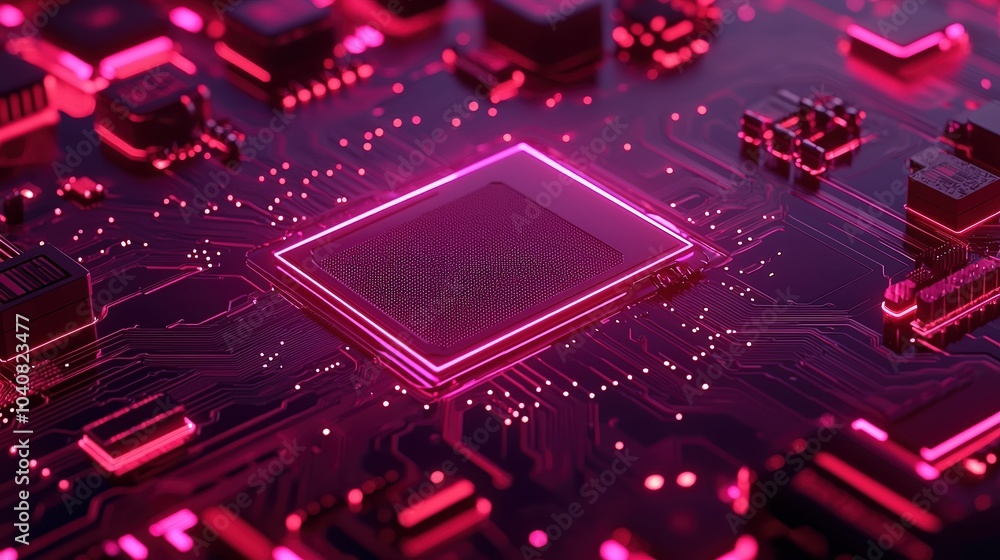 Poster futuristic circuit board with glowing pink elements and a central processor chip.