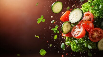Fresh vegetables including lettuce, tomatoes, cucumbers, and herbs in a vibrant splash on a blurred background.
