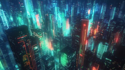A futuristic cityscape with glowing neon lights and skyscrapers.
