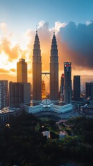 Obraz premium Petronas Towers in Kuala Lumpur at sunrise with a city skyline