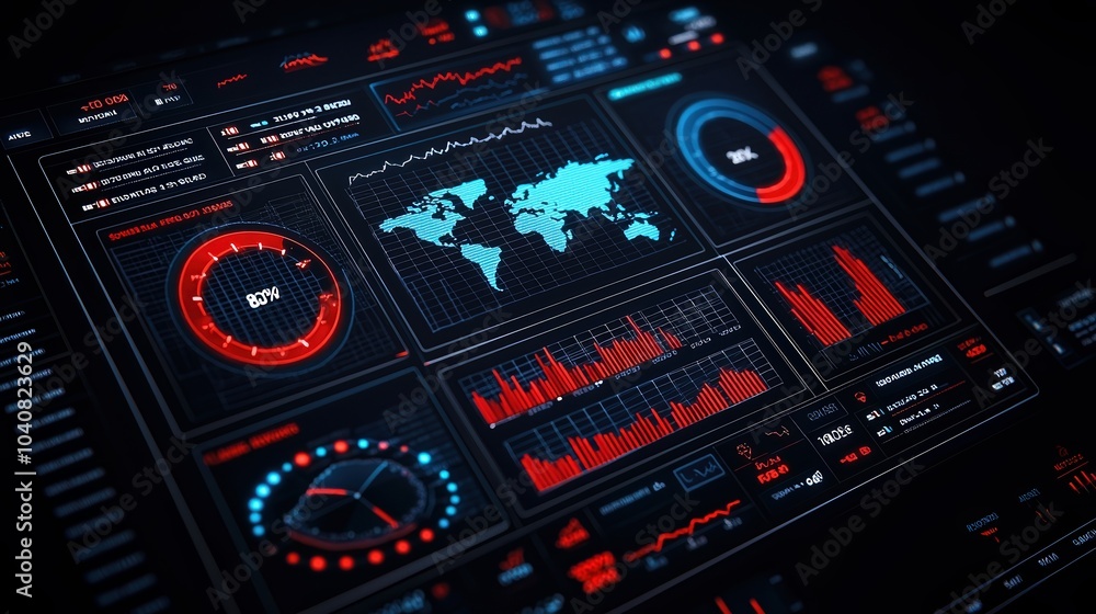 Poster futuristic data visualization interface with graphs, charts, and world map on dark background.