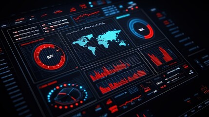 Futuristic data visualization interface with graphs, charts, and world map on dark background.