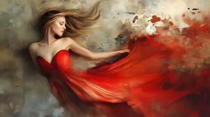 young woman in red dress falling with closed eyes. 