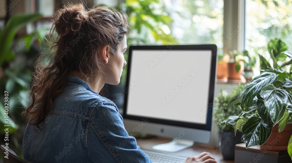 Poster photo of a person working at their desk, with an computer and keyboard in front of them. the compute