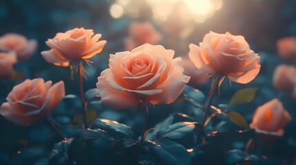 Peach-Colored Roses in Full Bloom at Sunset
