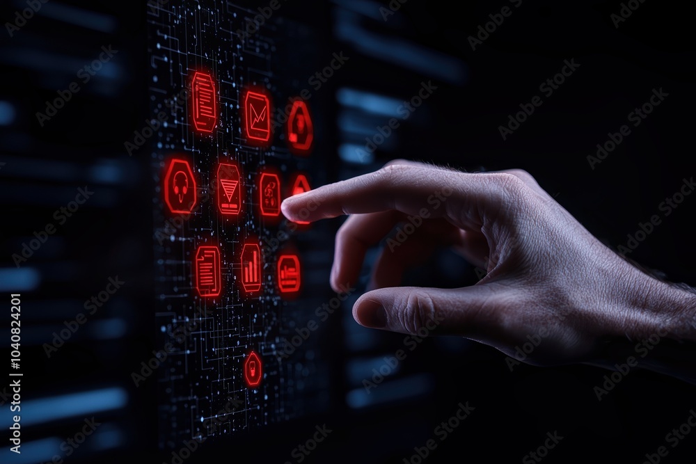 Poster hand interacting with digital interface, red icons on dark background, showcasing advanced technolog