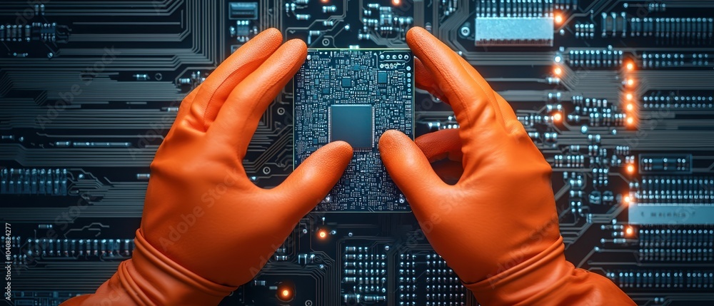 Aufkleber hands in orange gloves handling a computer chip on a circuit board, high-tech background.