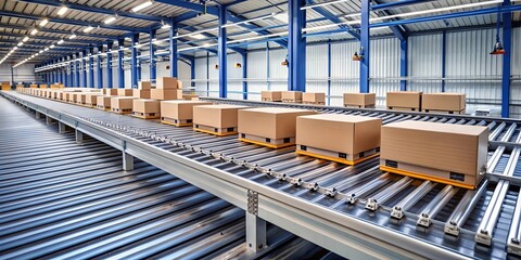 A metal conveyor belt with a series of brown cardboard boxes moving on a continuous loop, signifying the rhythm of modern industry