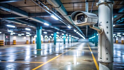 Obraz premium A security camera mounted on a pillar in a dimly lit parking garage, its lens capturing the vast expanse of concrete and steel, a silent guardian of the vehicles below.