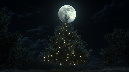 A glowing Christmas tree stands tall under a full moon.