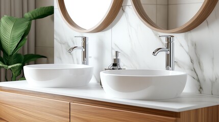 Fototapeta premium 3D double vanity sink with marble countertop and chrome faucets, bathroom vanity, elegant design