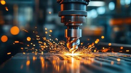 Close-Up of Industrial Drill with Flying Sparks