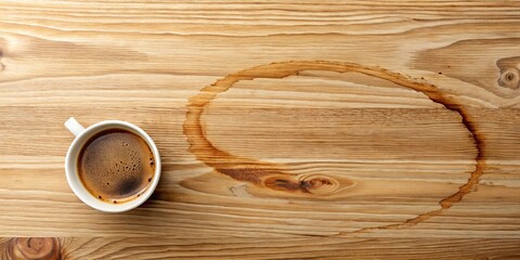 A cup of coffee sits on a wooden surface, a circular stain from a previous spill marking the spot where it was placed.