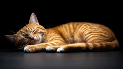 Sleeping orange tabby cat on a black surface in a dark setting