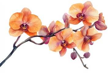 Obraz na płótnie Canvas Watercolor illustration of orange orchid flowers on a white background.
