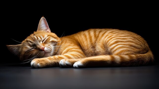 Sleeping orange tabby cat on a black surface in a dark setting