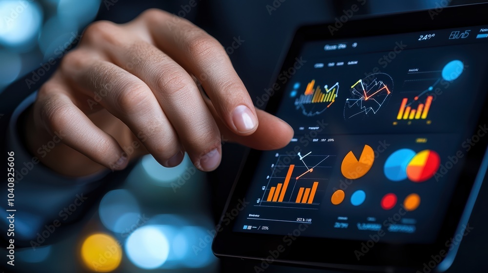 Poster professional hand interacting with a tablet displaying dynamic business analytics and data visualiza