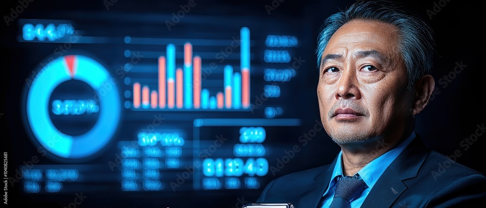 Poster professional man analyzing data with charts and graphs in the background, representing modern busine