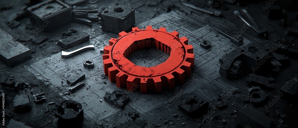 Poster red gear on textured background, representing mechanics and engineering concepts.