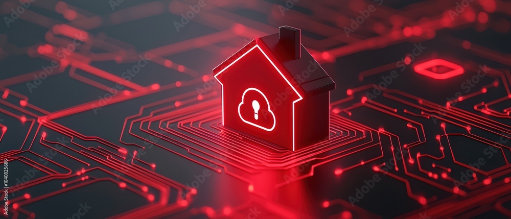 Poster red illuminated house icon on a digital circuit background representing cybersecurity and smart home