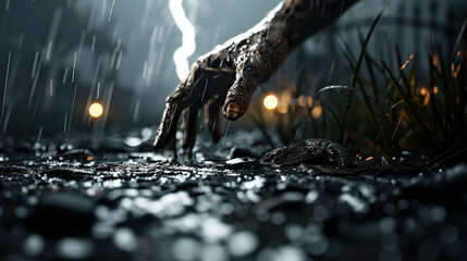eerie hand reaches out from wet ground, surrounded by rain and darkness, evoking sense of mystery and unease. atmosphere is charged with tension and anticipation