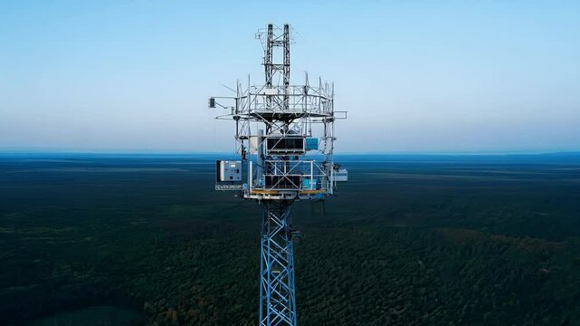 Aerial Drone Footage Cell Tower Site Wild Featuring 5G Telecommunication Antennas Technology high antennae broadcast broadcasting cellular grooved communicate communication connection digital