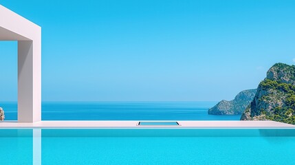 Stunning modern poolside view overlooking a bright blue sea and lush green cliffs.