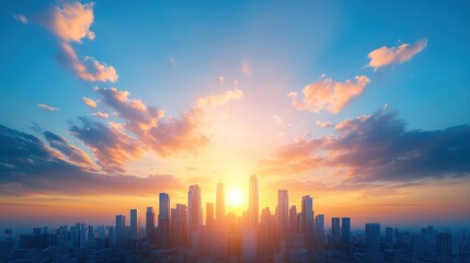 Stunning skyline at sunrise with vibrant clouds and golden rays illuminating city architecture.