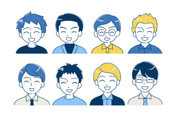 父親のアイコンイラストセット　口を開けて笑う　バストアップ　ブルー、イエロー